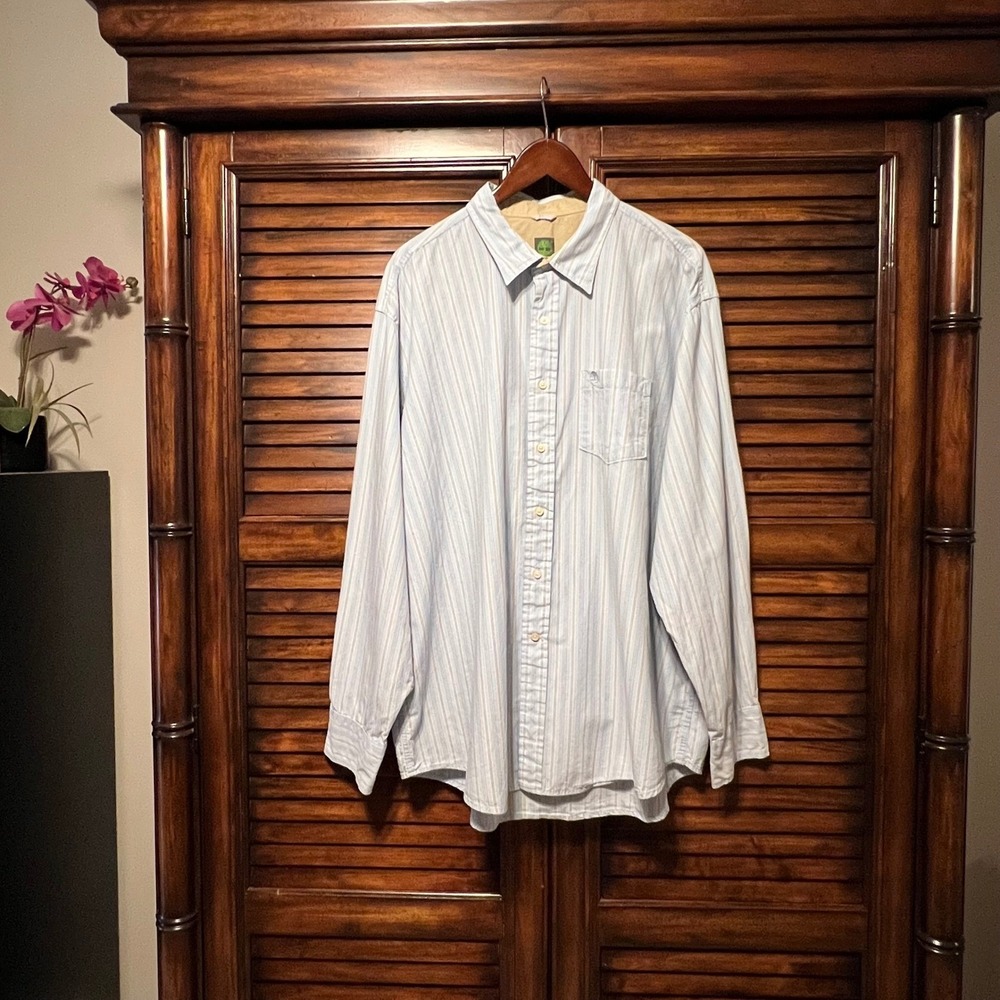 Timberland Mens XXL Blue White Striped Long Sleeve Button Shirt Organic Cotton